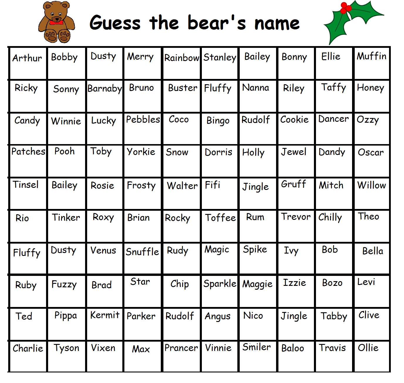 christmas teddy bear names