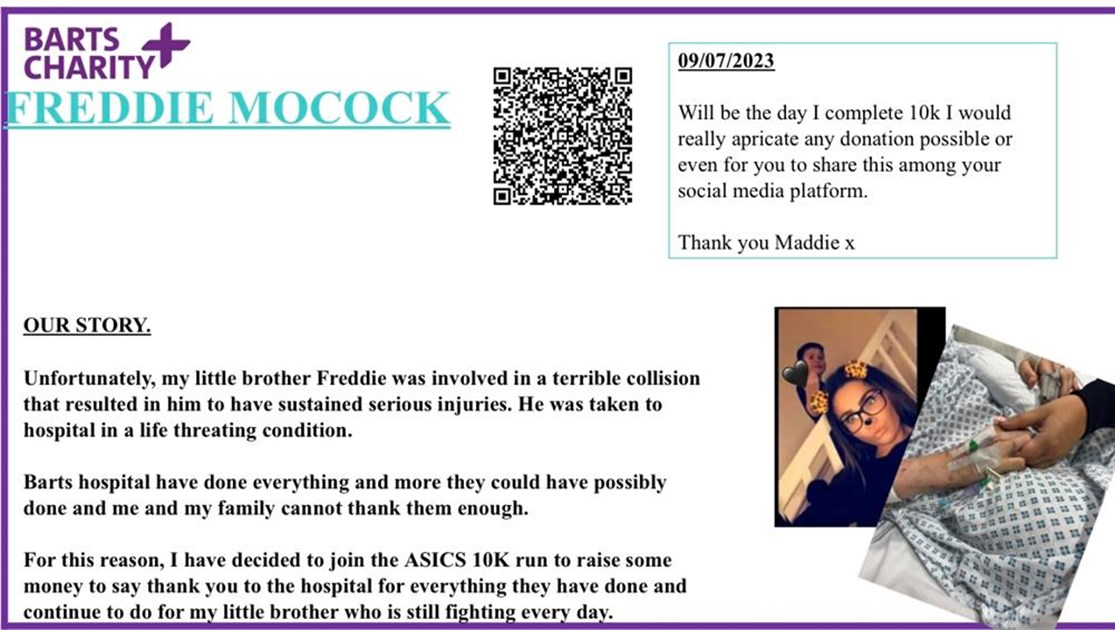 Maddie Mocock is fundraising for Barts Charity